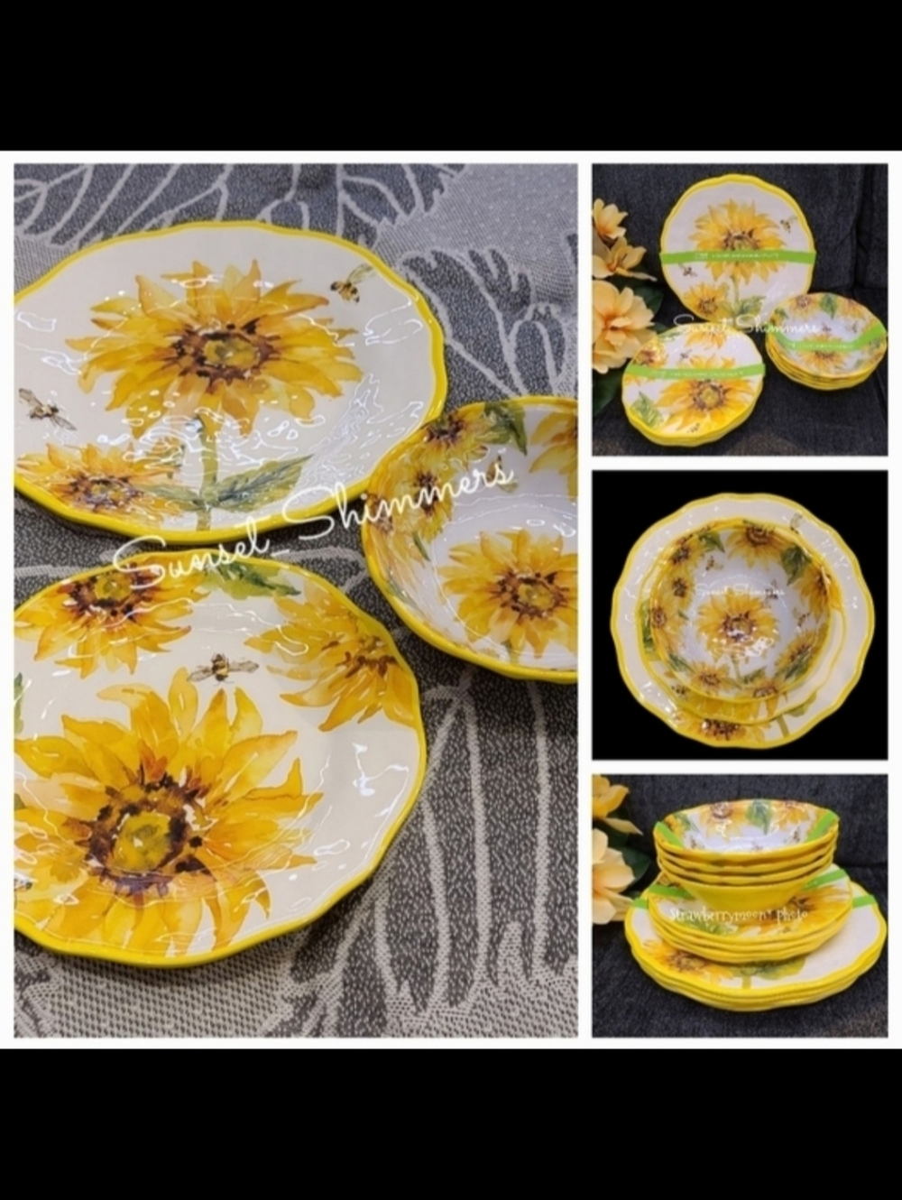 12pc Tuscan Sunflower Honey Bee Melamine Dinner Salad App Dessert Plate Set New